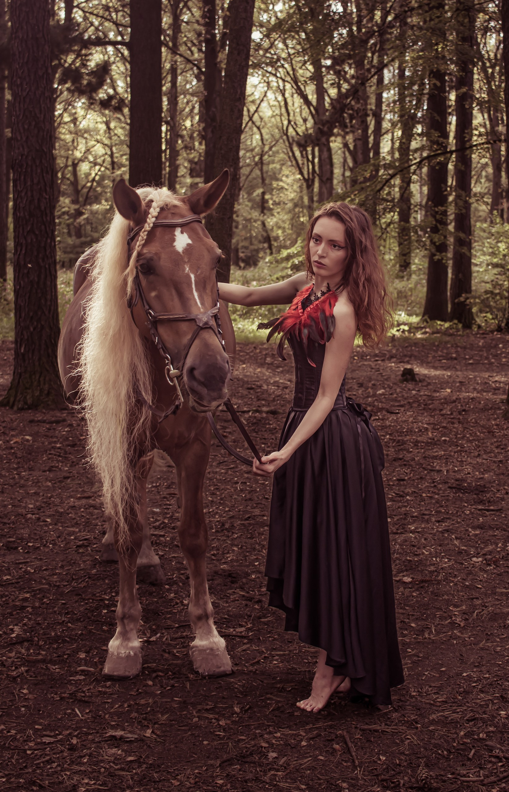 Девушка в красной вуали, концептуальный портрет в лесу • фотограф Карасёва Елена