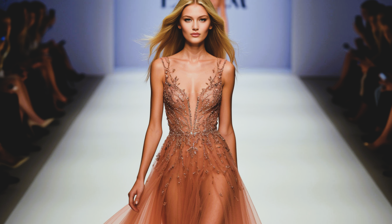 Дефиле. Дефиле. Дизайнерское платье. Модель блондинка.