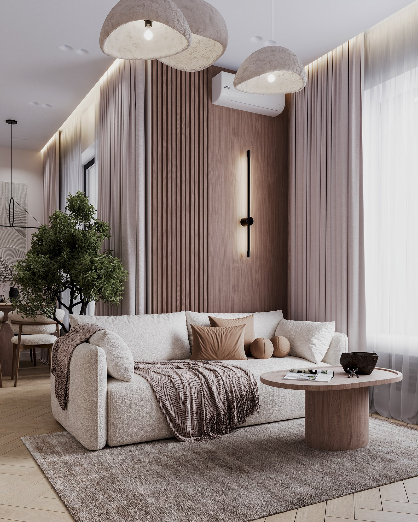 Визуализация гостиной в тёплых нейтральных тонах с акцентом на фактурах ткани и дерева — Larionova.vis