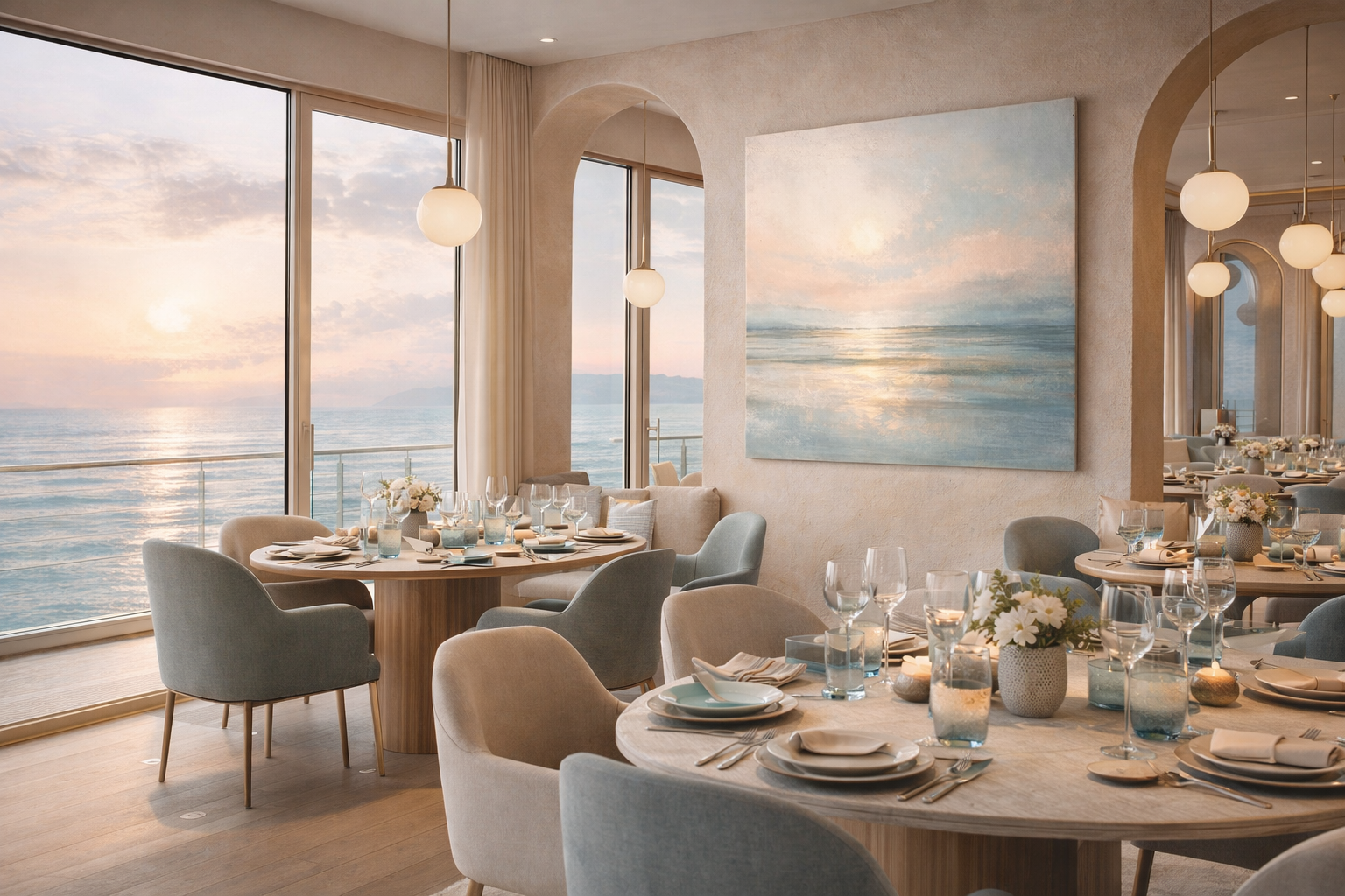 Современный панорамный ресторн с текстурной абстрактной картиной в нейтральных оттенках , картина для ресторана, картина Рассвет для интерьера стильного ресторана, картина для гостиной картина для спальни картина для кабинета картина в современный интерьер картина в минималистичный интерьер картина в премиальный интерьер дизайнерская картина ручной работы