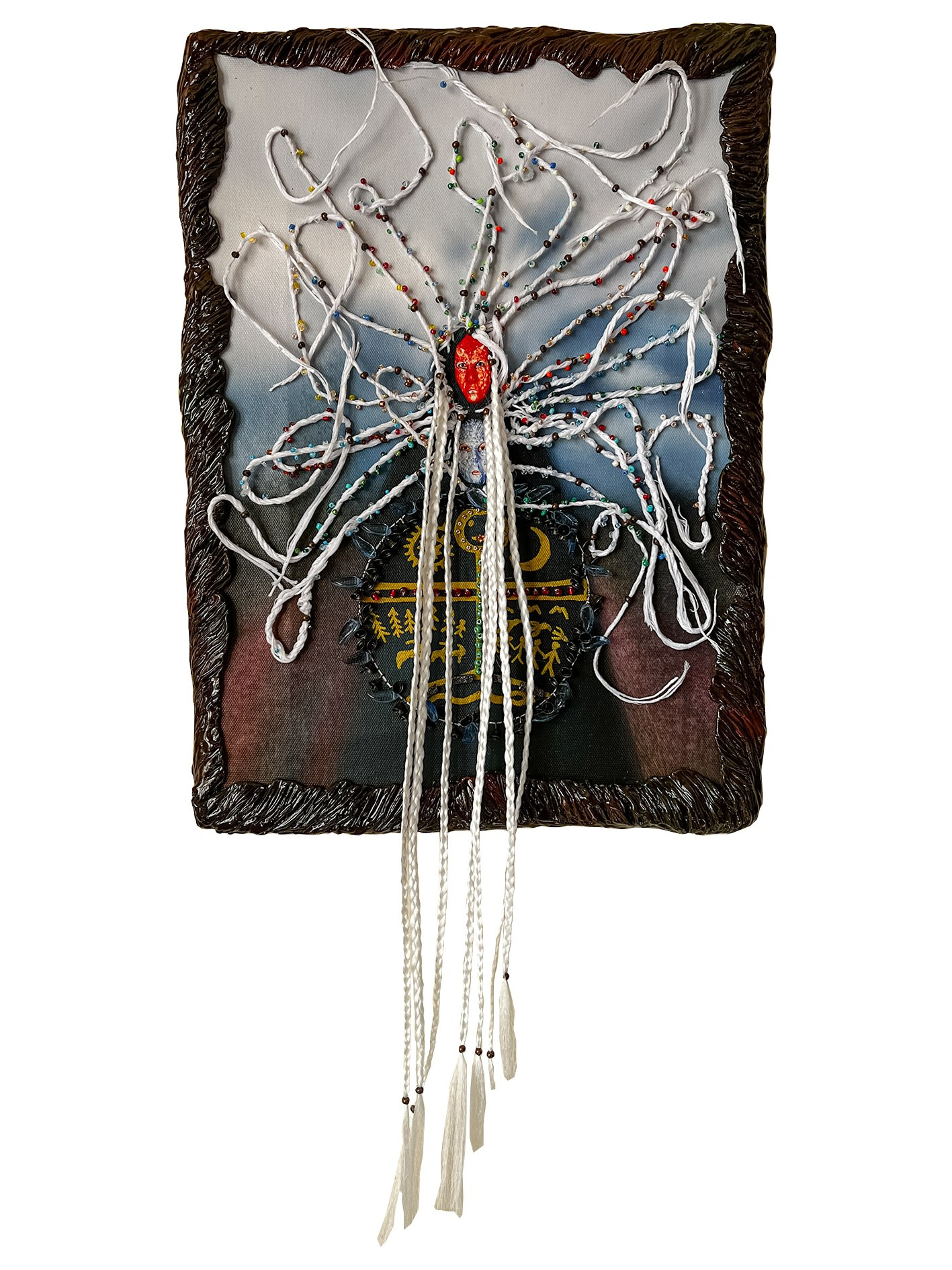 2024-2025гг. Размер : 32 см на 43 см вышивка по холсту, акриловые краски, бисер, колокольчики металлические, бусины стеклянные, бусины металлические, хлопковые нити, искусственные волосы. Рама выполнена вручную, материалы : деревянная глина, акриловые краски, эпоксидная смола. Цена по запросу