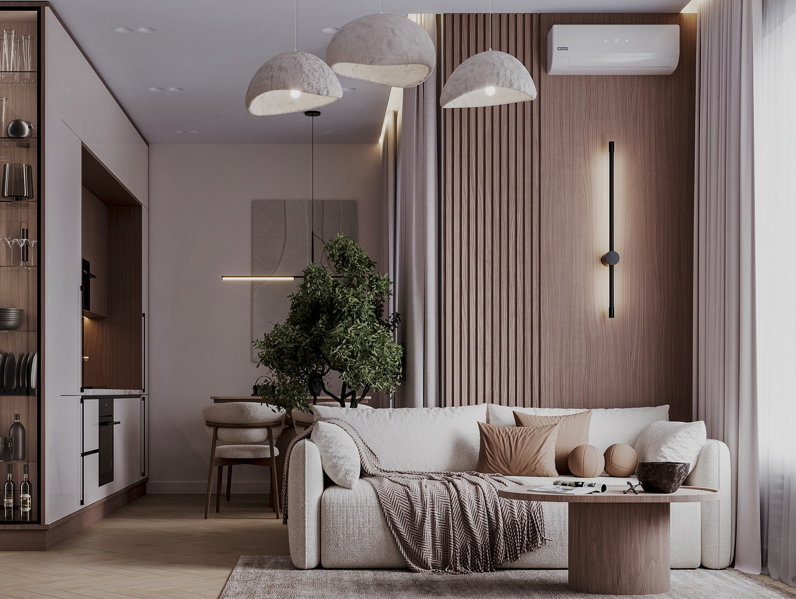 3D-визуализация современного интерьера гостиной в тёплых нейтральных тонах — диван, дерево и мягкий свет. Премиальная подача, реалистичные материалы, визуализация для дизайнеров и студий — Larionova.vis