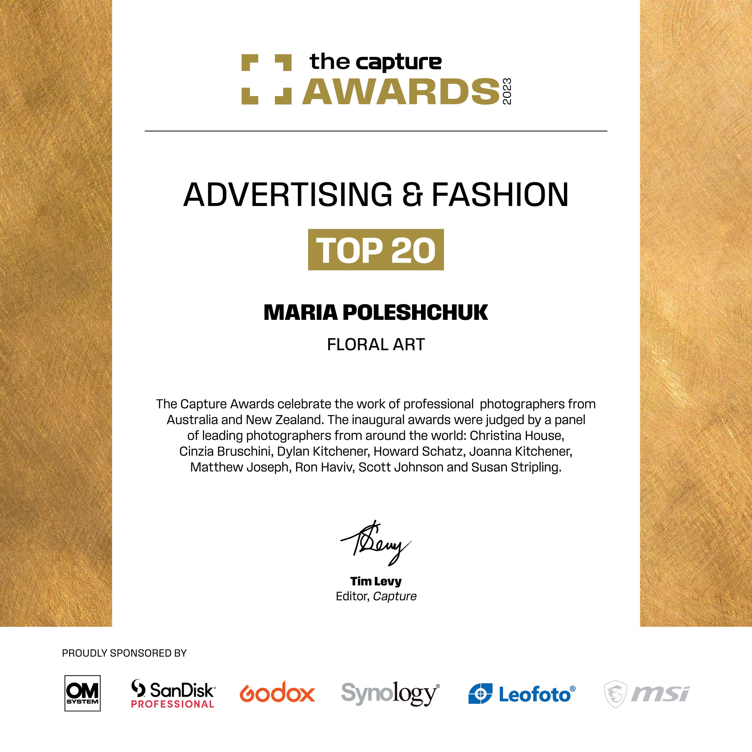 Top 20 Award in Australasia’s Top Emerging Photographers 2023. Maria Poleshchuk, commercial photographer in Sydney