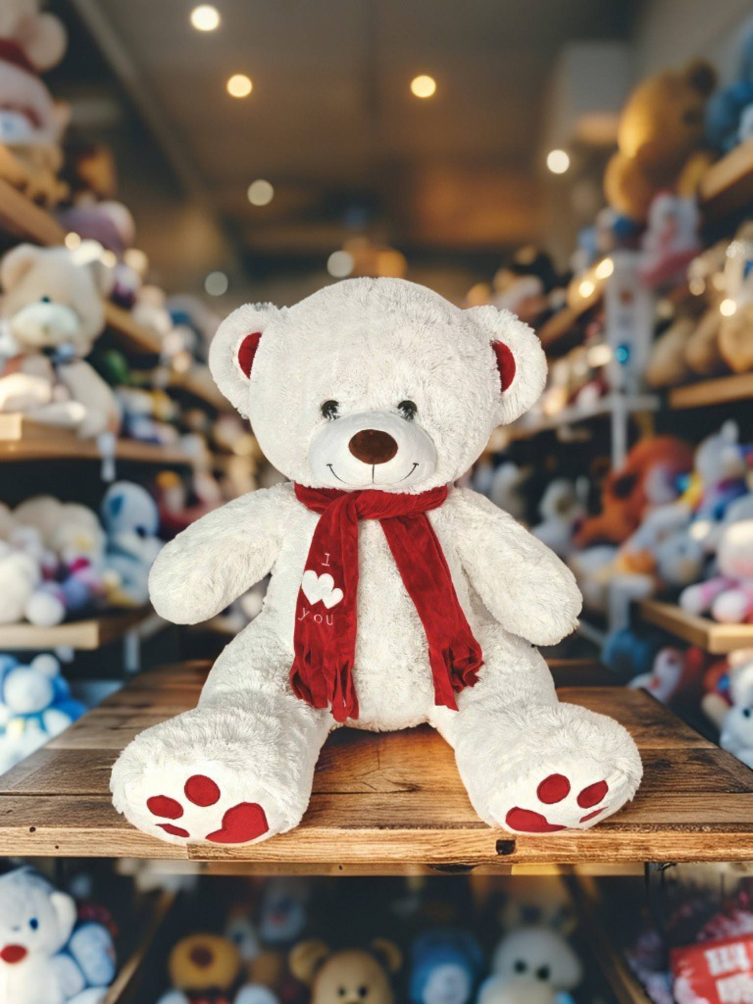 Фотография плюшевого медведя в интерьере магазина игрушек