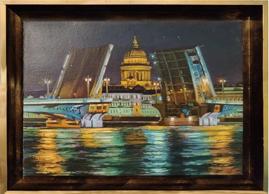 Город, виды Санкт-Петербурга, река, Дворцовый мост, ночь