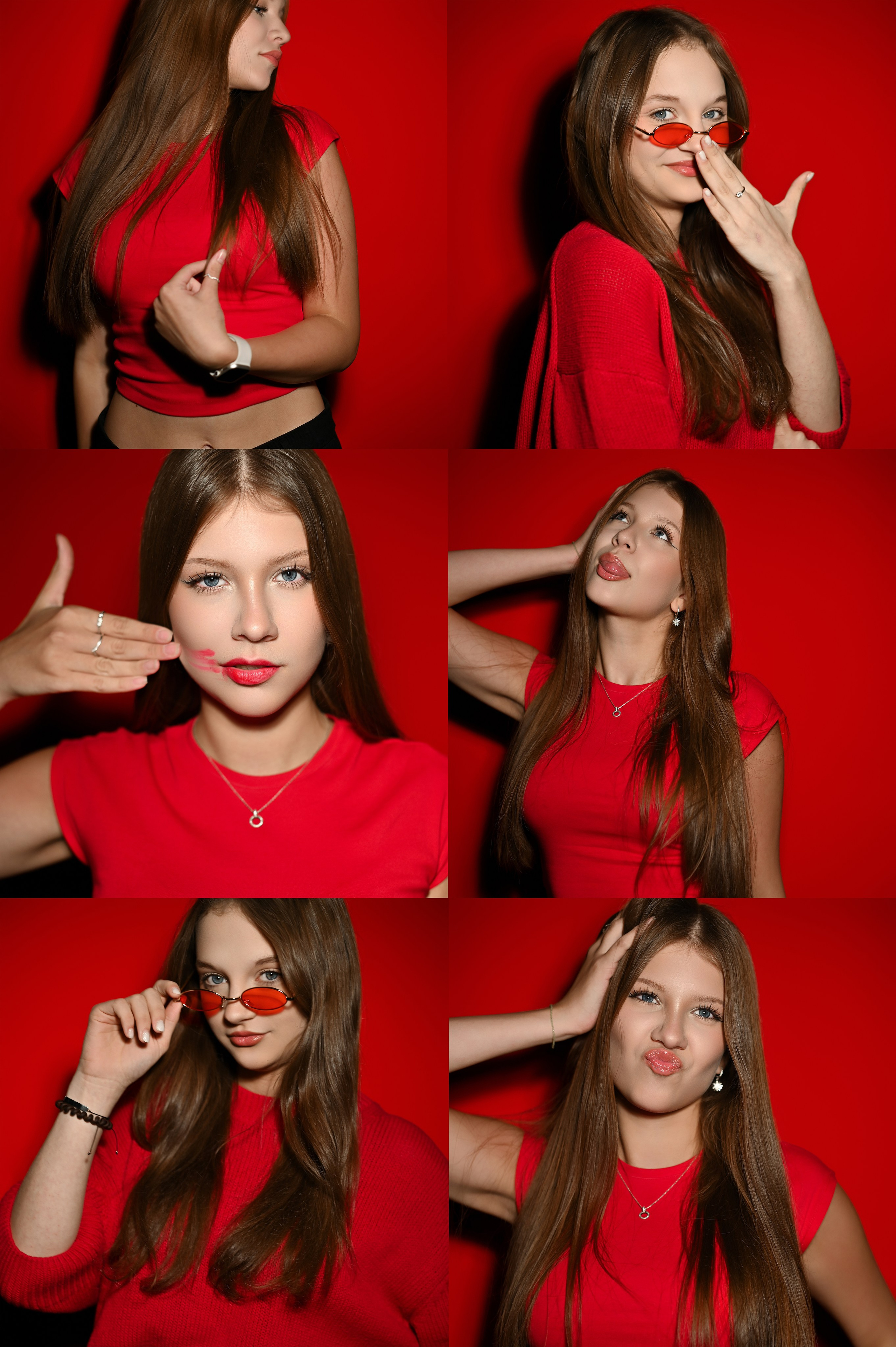 Школьницы на красном фоне со светом с вспышкой в лоб. Полароидный снимок школьницы, выпускной альбом, страница выпускного альбома в Москве