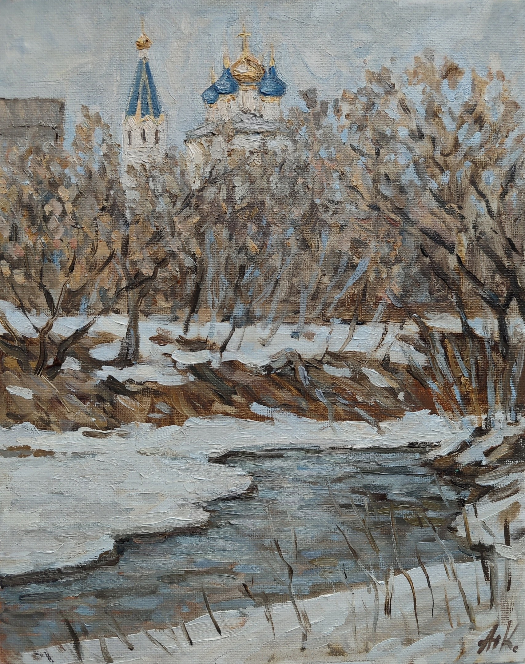 Зимний пейзаж с березами и русской церковью в снегу, картина маслом купить