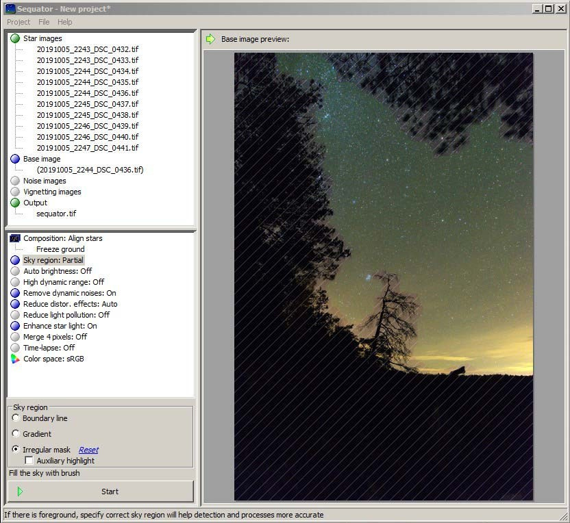 Обработка кадров со звёздами в Sequator.