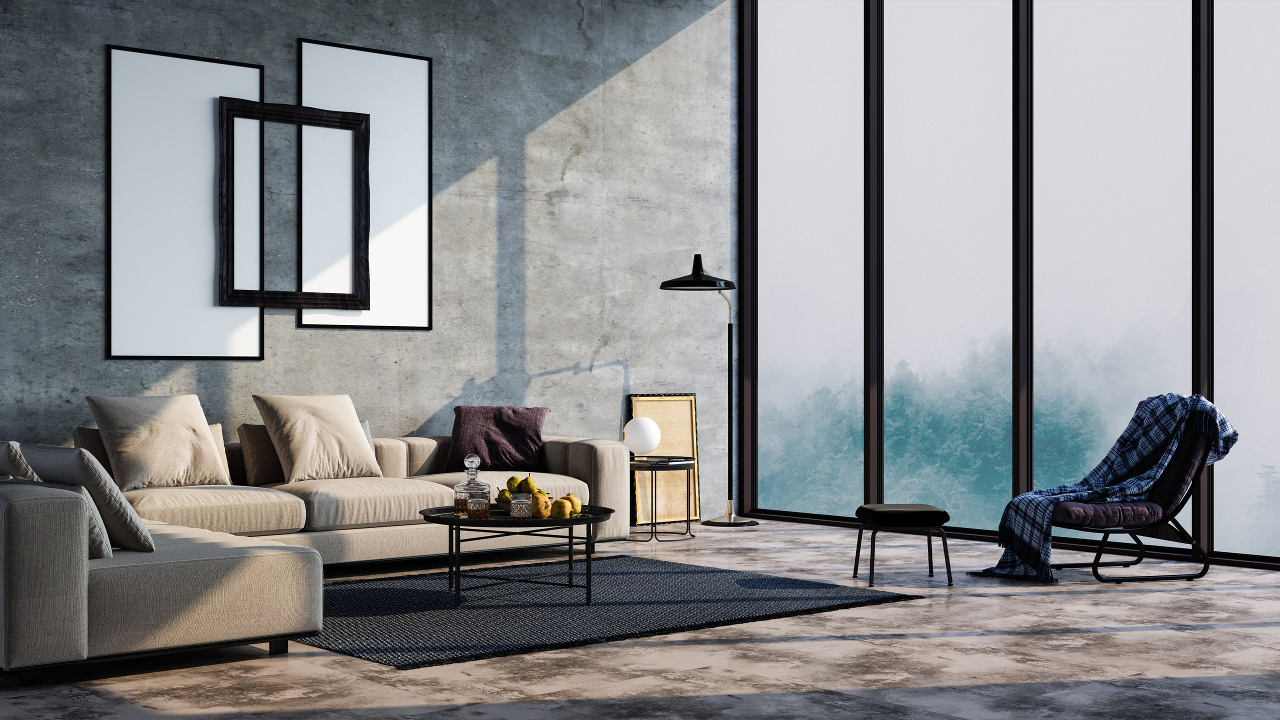 Интерьер со стеклянными панорамами, кожаные бежевые диваны, тёплый свет | TrendFrame