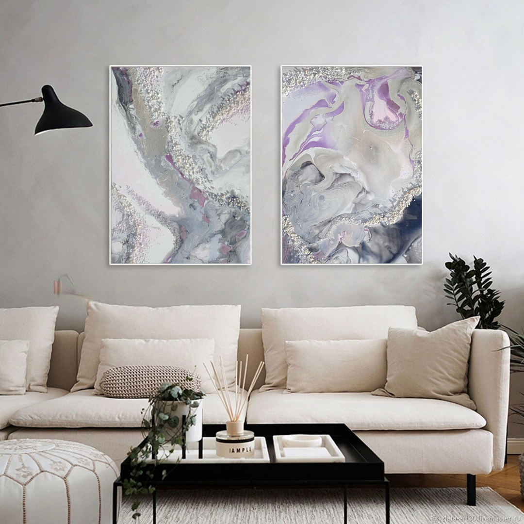 Абстрактная картина в серо-синих-фиолетовых оттенках в стильный дом. MONA-ART. Студия авторского декора на заказ: зеркала-скалы по вашим размерам, столики, 3D панно, интерьерные картины, торшеры, светильники,
