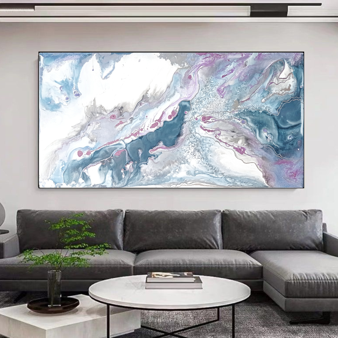 Абстрактная картина в серо-синих-фиолетовых оттенках в стильный дом. MONA-ART. Студия авторского декора на заказ: зеркала-скалы по вашим размерам, столики, 3D панно, интерьерные картины, торшеры, светильники,