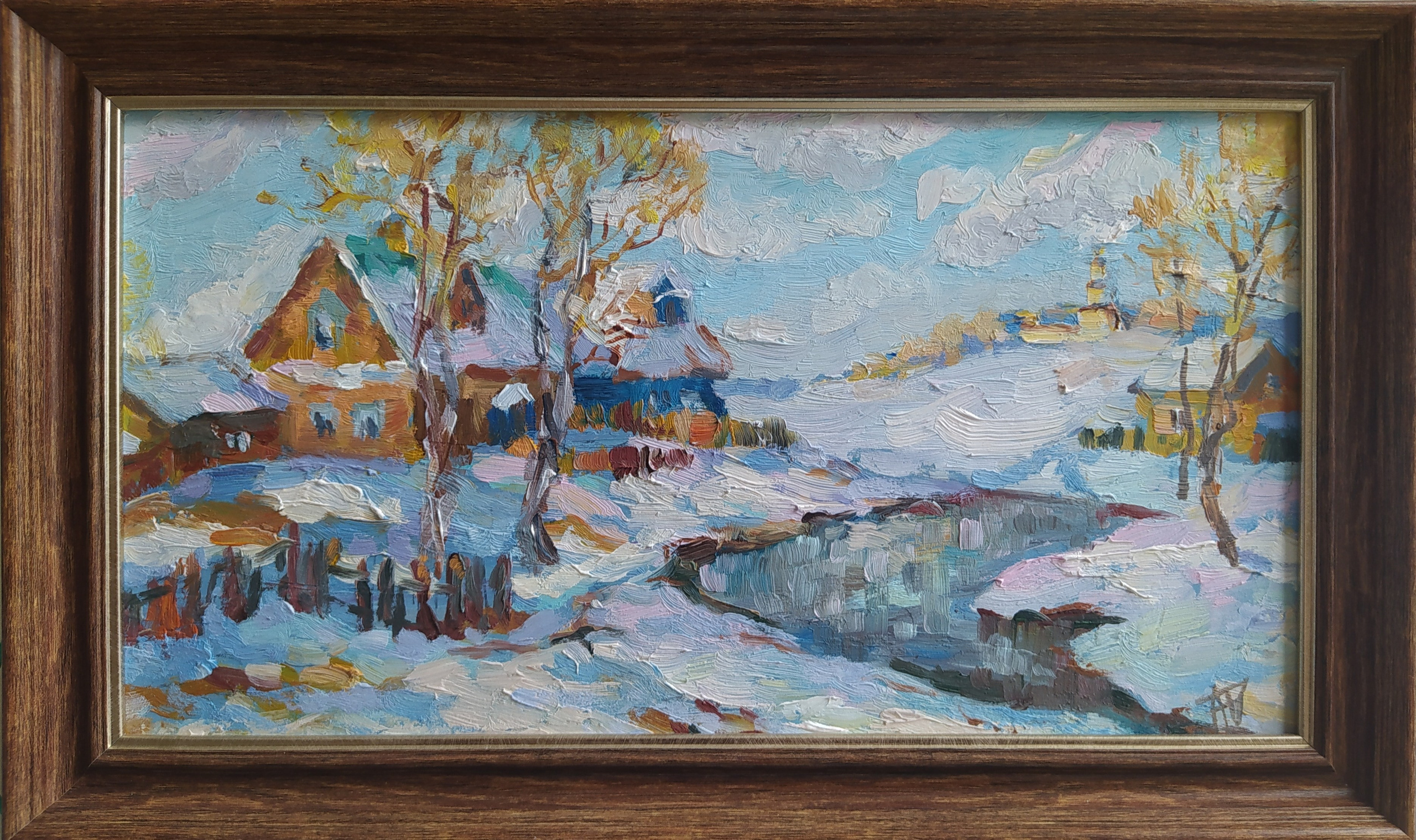 картины, живопись, масло, акрил, пейзаж, зима, мороз, солнце, снег, деревня, дом , картина в интерьер