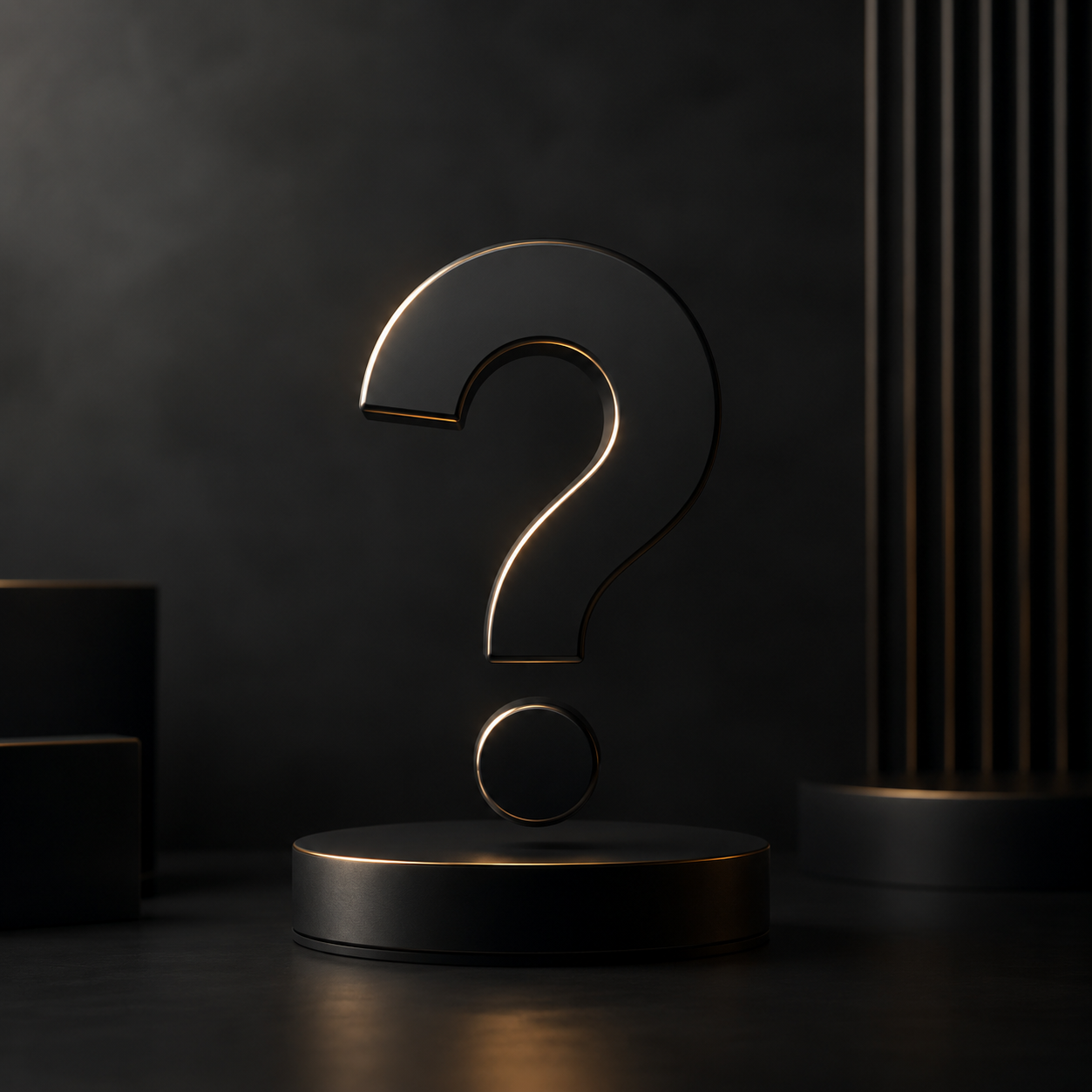 Minimalist premium FAQ illustration with elegant question mark symbol on a dark background.