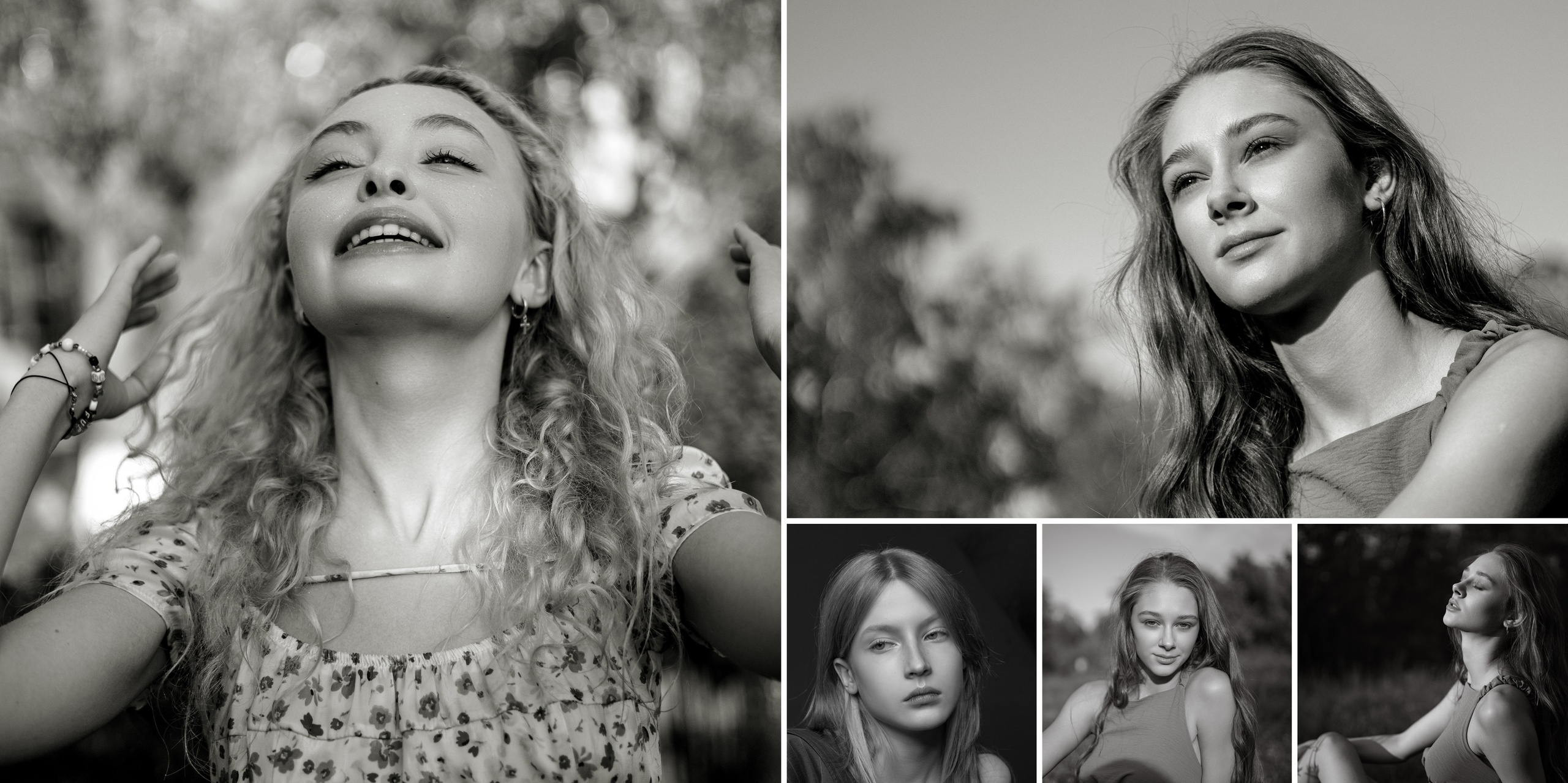 Черно-белый коллаж, изображающий четырех молодых женщин на открытом воздухе. Они выглядят безмятежными и задумчивыми, окруженные размытым естественным фоном.