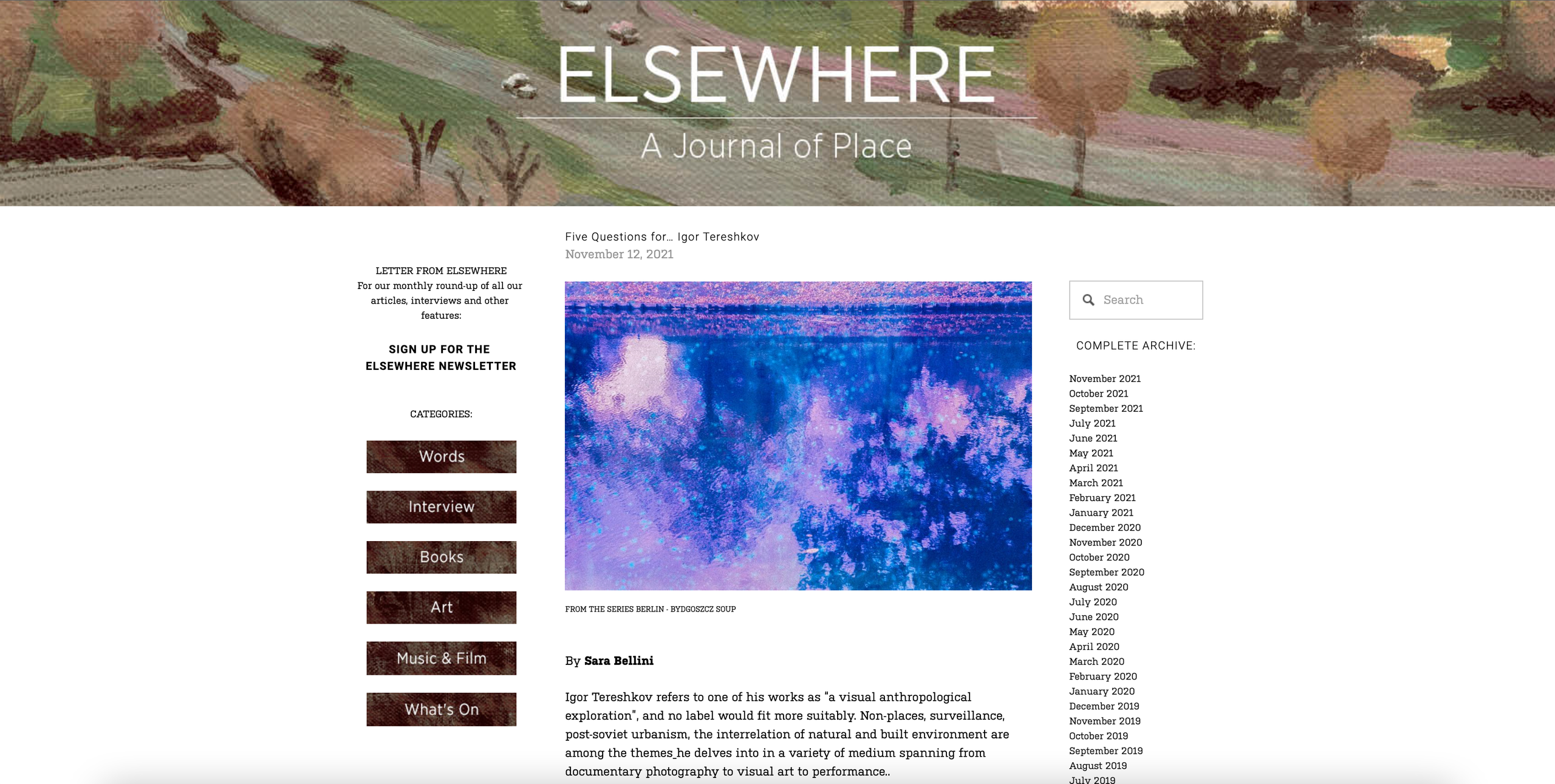 Five Questions for Elsewhere Journal. Igor Tereshkov
