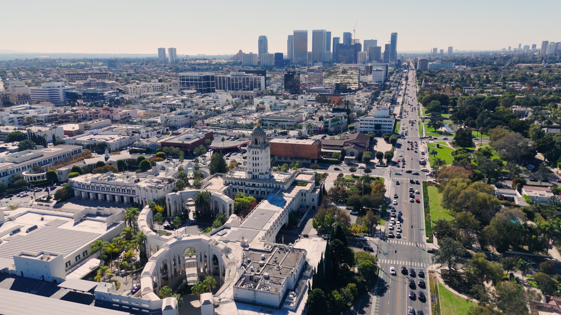 Panoramic view of downtown Los Angeles, featuring sprawling urban roads, skyscrapers, and vibrant city life—perfect for cinematic shoots.