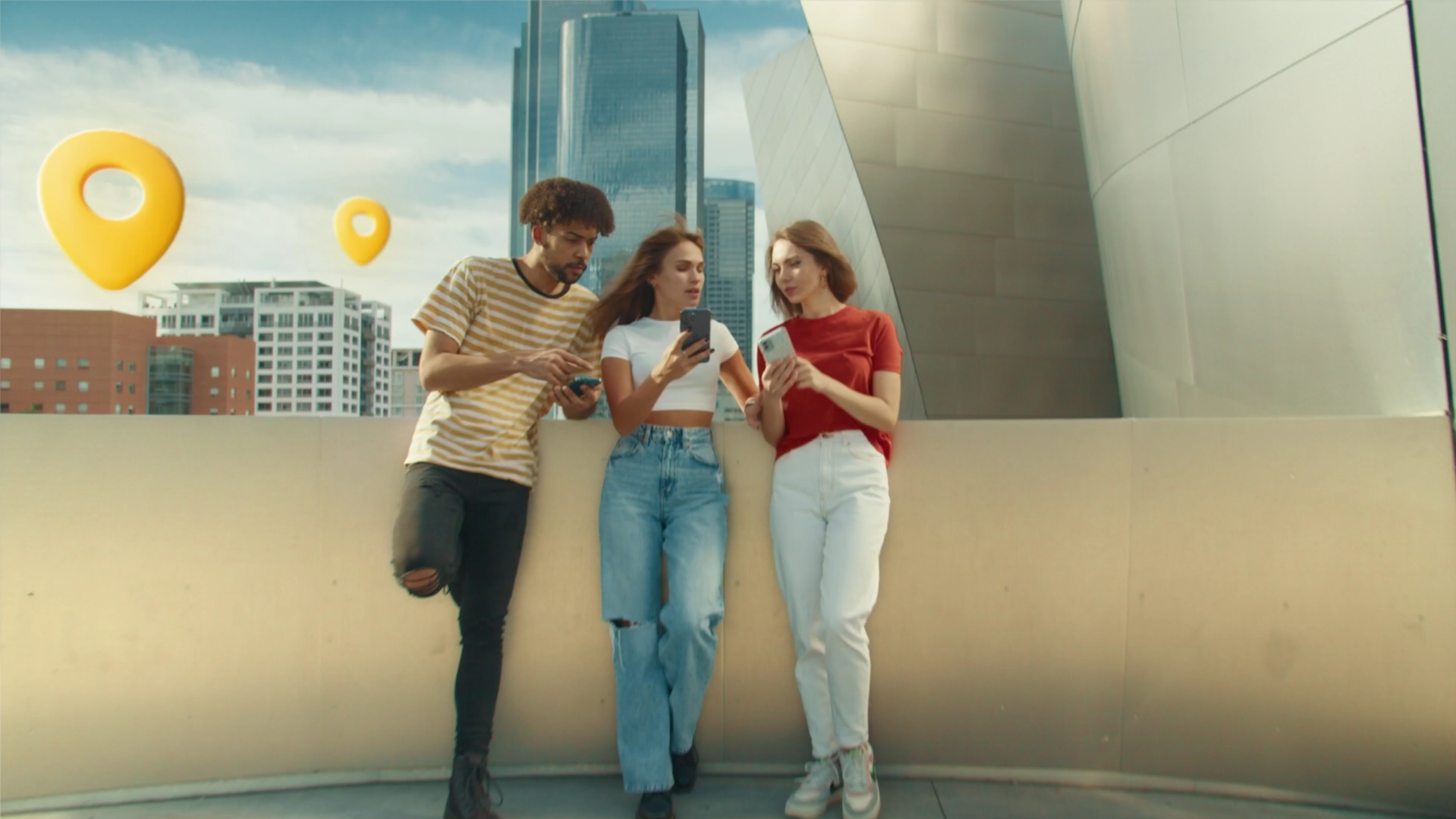 Two people posing in front of the iconic Walt Disney Concert Hall in Los Angeles, a popular filming location and architectural masterpiece.