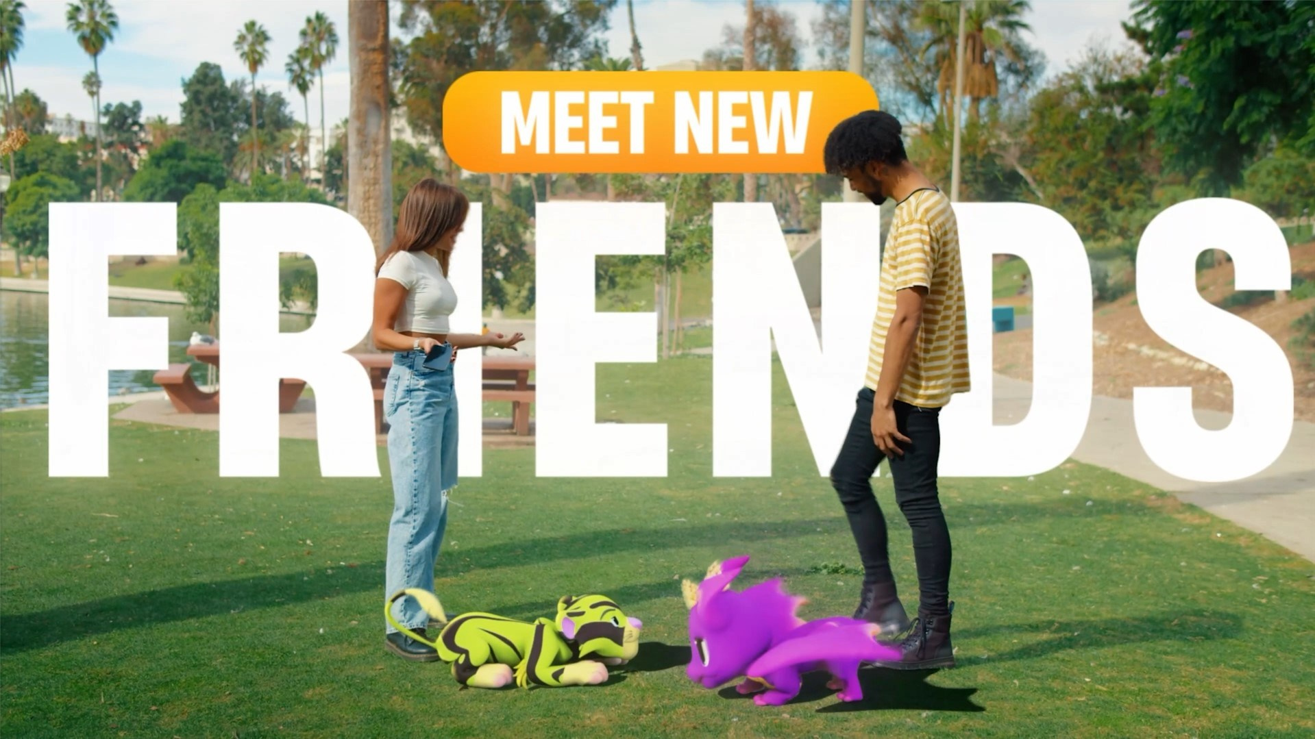 Two friends meeting in a park, with colorful virtual characters interacting beside them, promoting social connections.