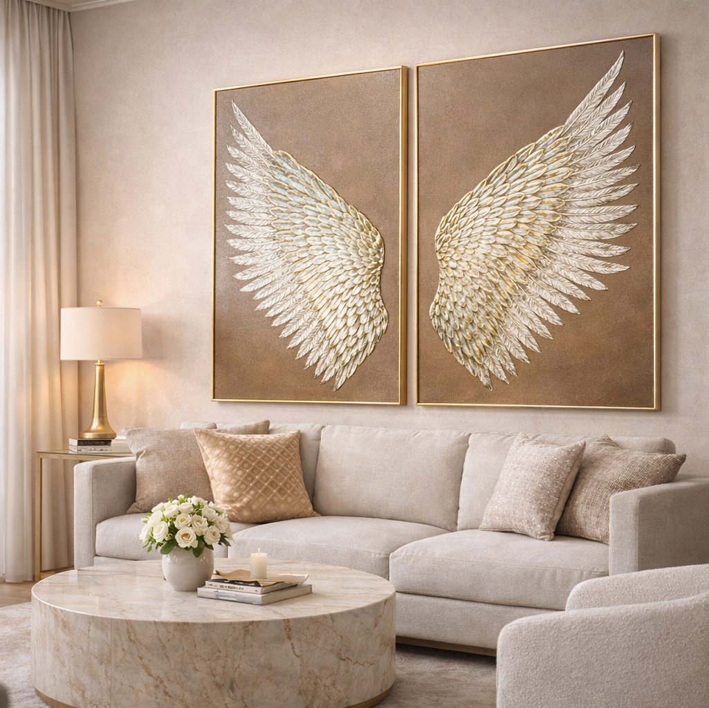 диптих крылья ангела, картина крылья ангела, luxury картина, интерьерная картина, элитный декор, дизайнерская картина, картина для гостиной, картина для спальни, современное искусство, настенное панно, золотые акценты, эксклюзивная картина, premium wall art, luxury decor.