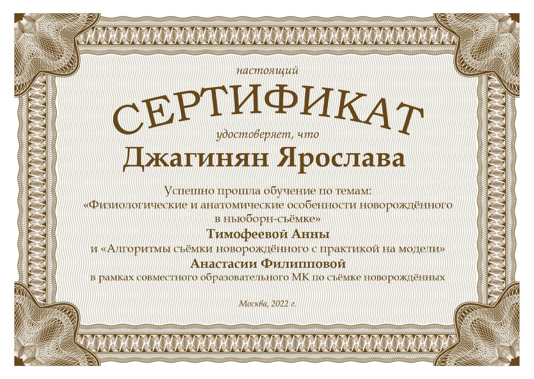 Джагинян Ярослава - фотограф новорожденных г. Воронеж, г. Алексеевка. Сертификат о прохождении мастер класса