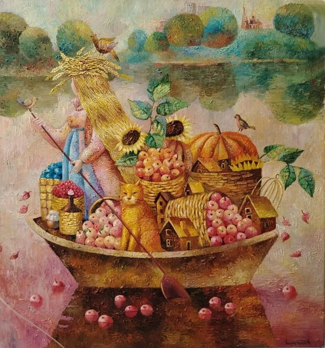 Осень, дача, урожай, лодка, кот, река, овощи и фрукты