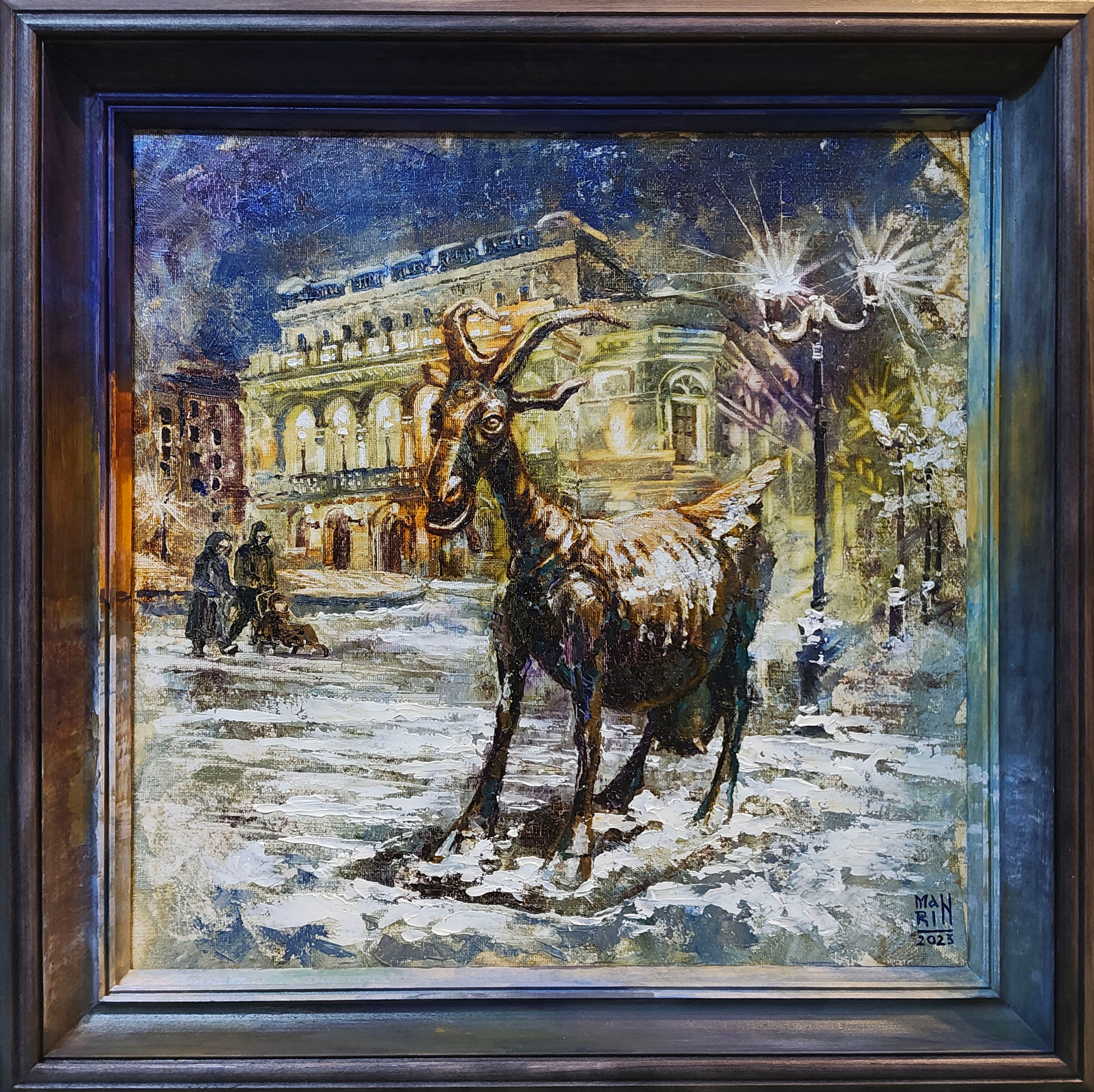 Нижний Новгород, старый Нижний,картины с Нижнем Новгородом, художник Марина Новосельская, ретро, картина в подарок, нижегородские художники, достопримечательности Нижнего Новгорода, памятник, кремль, нижегородский кремль, коза, веселая коза, театр, Драм театр, зима