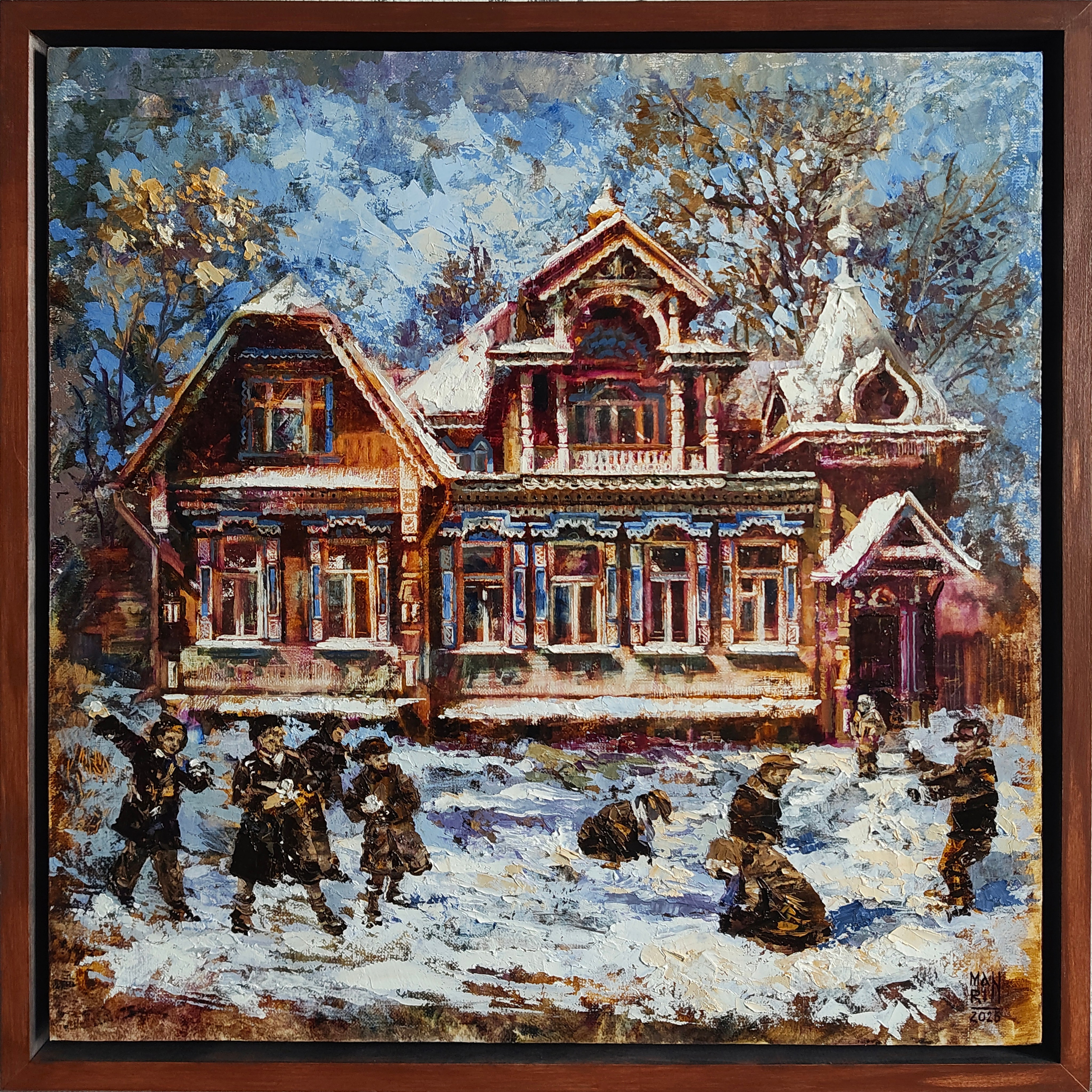 Нижний Новгород, старый Нижний,картины с Нижнем Новгородом, художник Марина Новосельская, ретро, картина в подарок, нижегородские художники, достопримечательности Нижнего Новгорода, деревянные дома, дом на улице Дальняя, купеческий дом, зимний пейзаж, зимние забавы