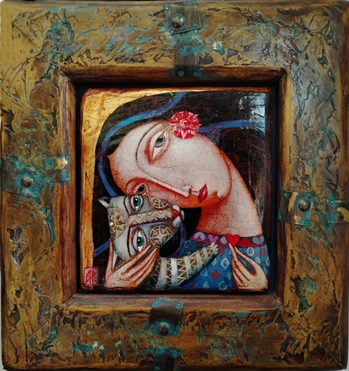 Атмосферная картина, девушка, кот, средневековье, рамка ручной работы