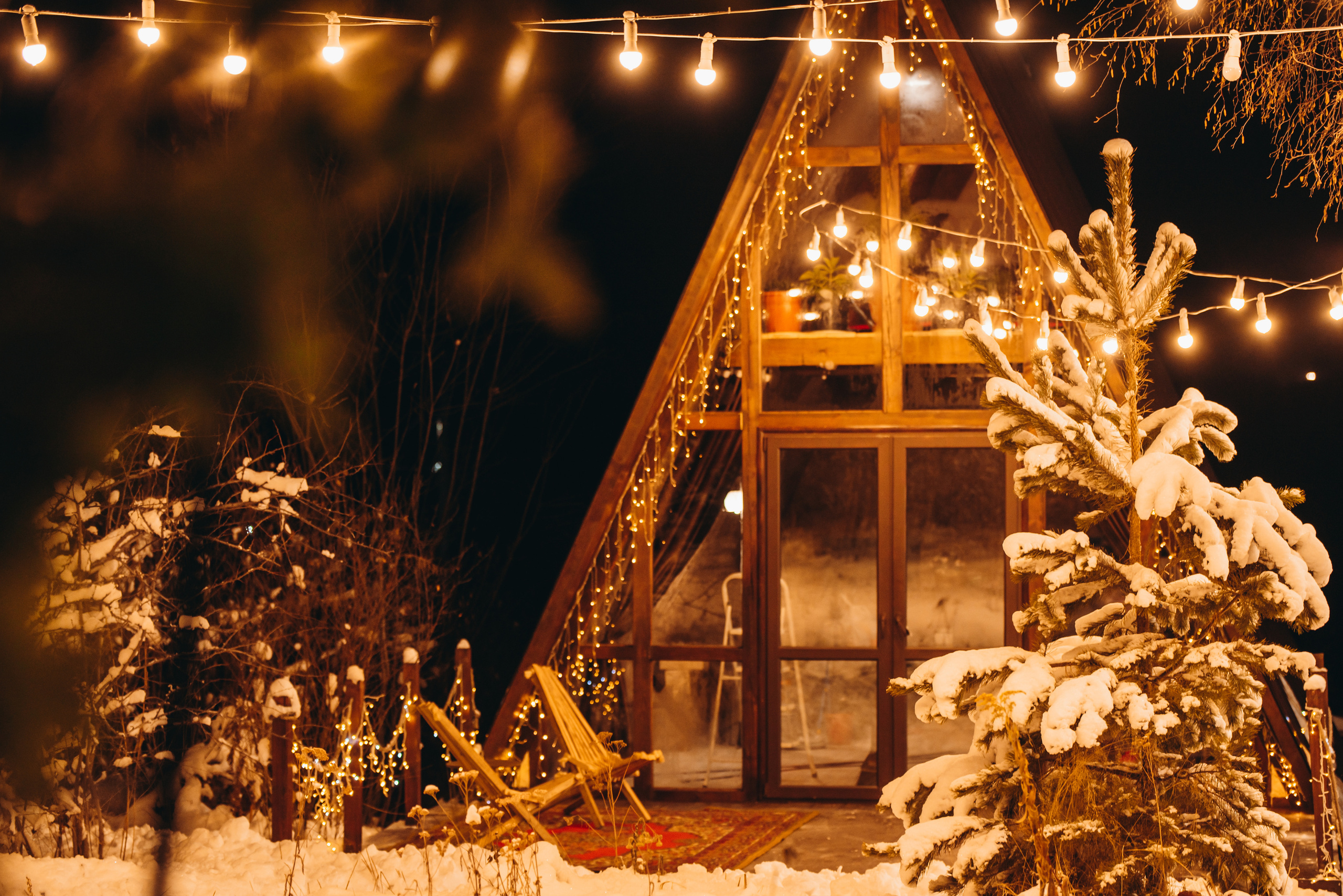 Семейная фотосессия в Иркутске Заснеженные ели новогодняя атмосфера афрейм фотостудия с гирляндами