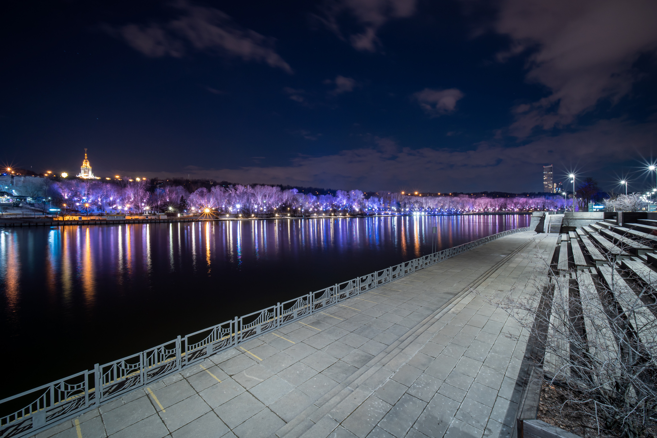 Вид на сказочный лес ночью в огнях из Лужников
