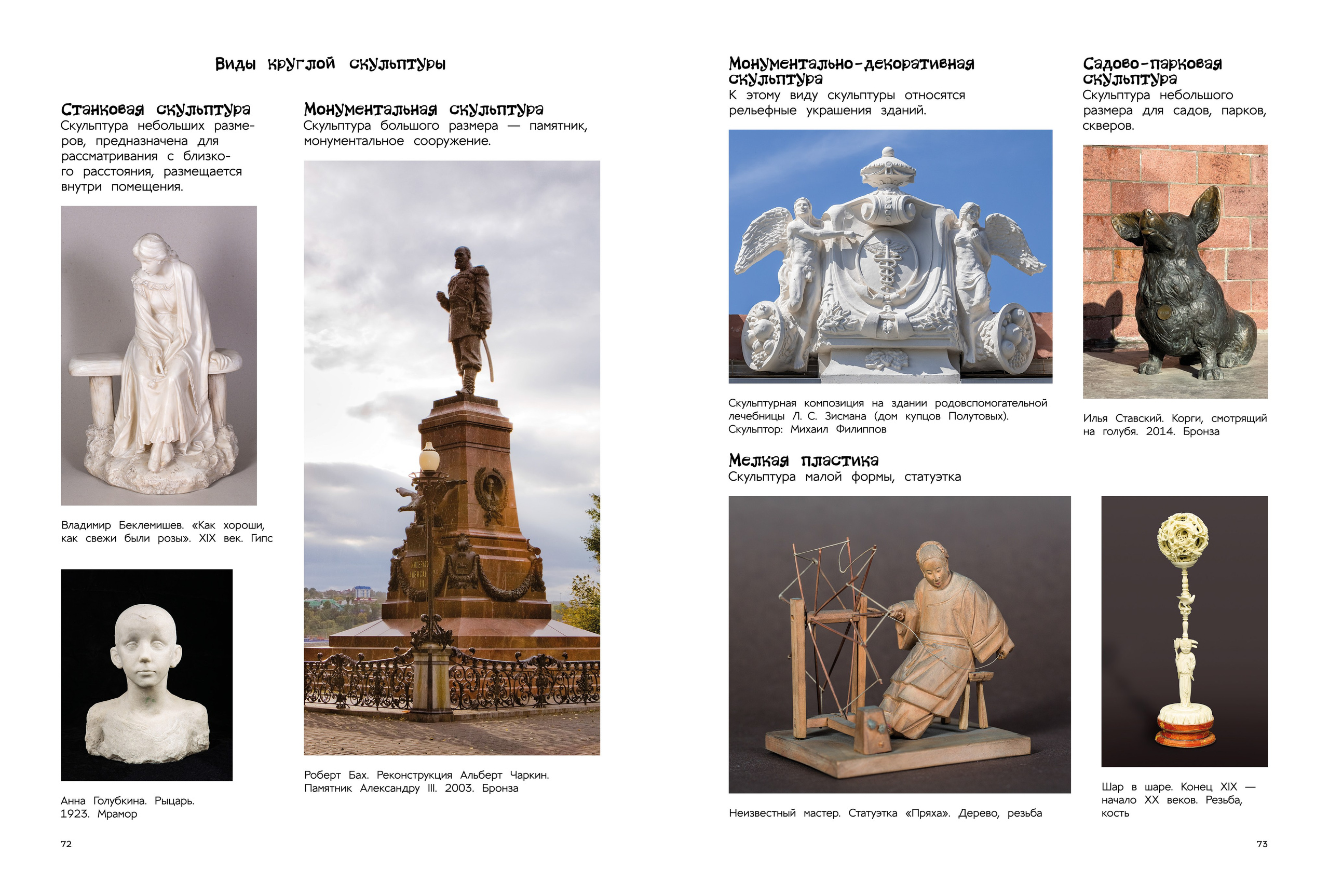 Разворот из детской энциклопедии «Где живет искусство?». Виды круглой скульптуры