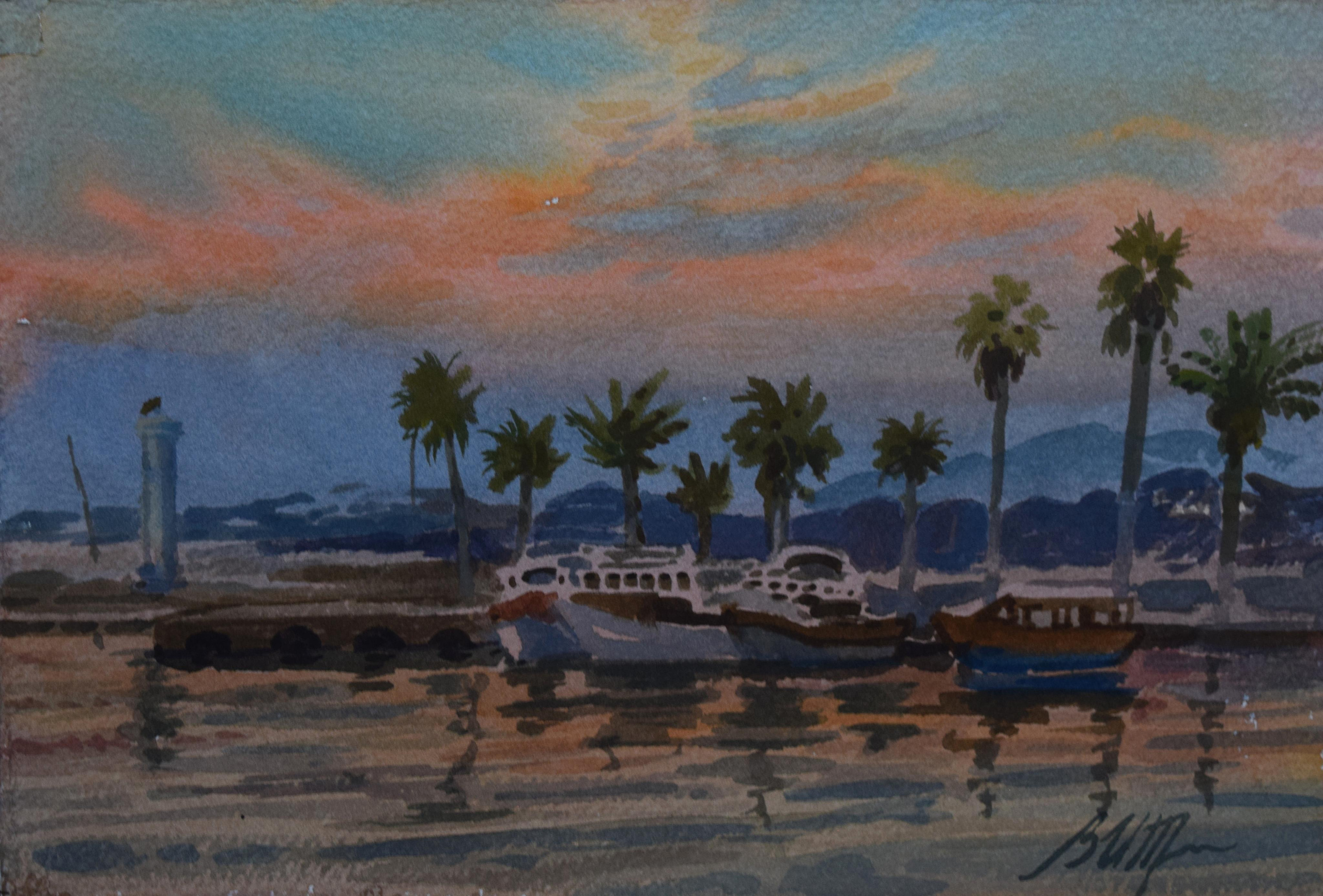 Акварель. Пейзаж. Картина. Турция. Сиде. Пристань, набережная. Вечер. Закат.  Путешествия.