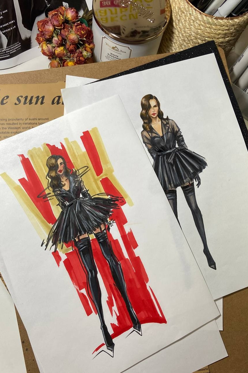 Модный fashion-скетч модели Ирины Шейк в образе с афтерпати Оскар. Eventiss art agency| Художники и арт-услуги на мероприятие Москва и МО