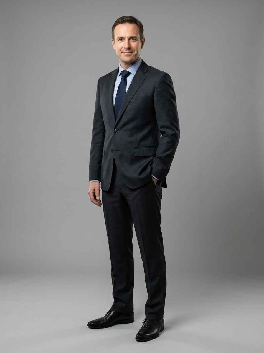 Ростовой бизнес-портрет мужчины в тёмном костюме на сером фоне