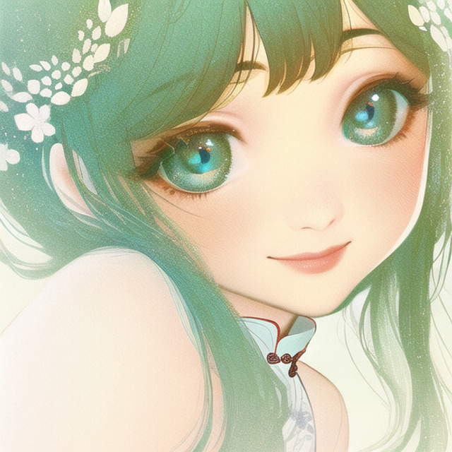 a girl with green hair and a flower in her hair, an anime drawing, anime aesthetic