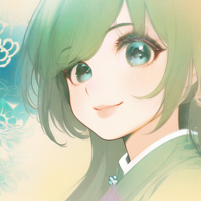 a anime girl with green hair and green blue eyes, a detailed painting art, close up