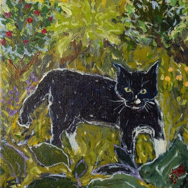 Наш  Боська - дачник. Холст, темпера, акрил, 20х20, 2025. Нет в наличии.