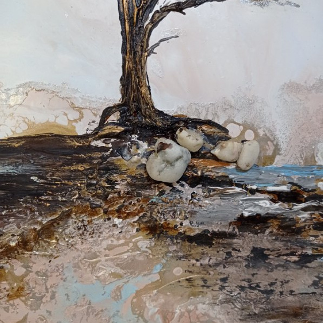 Интерьерная картина с деревом, морем, золотом и серебром. Купить premium art, интерьерные картины в интернет-магазине MONA