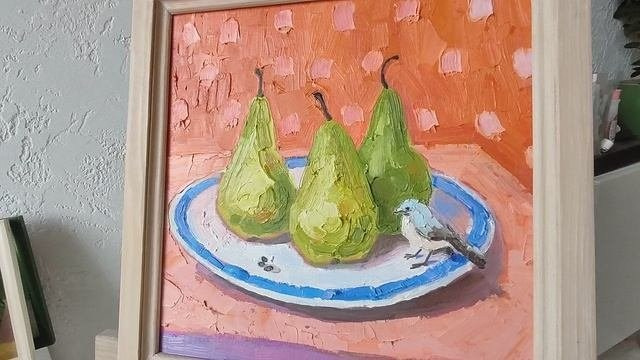 «Натюрморт с грушами и птичкой». Масло, холст на картоне, 30×30 см. Галерея картин художницы Бельмесовой Евгении