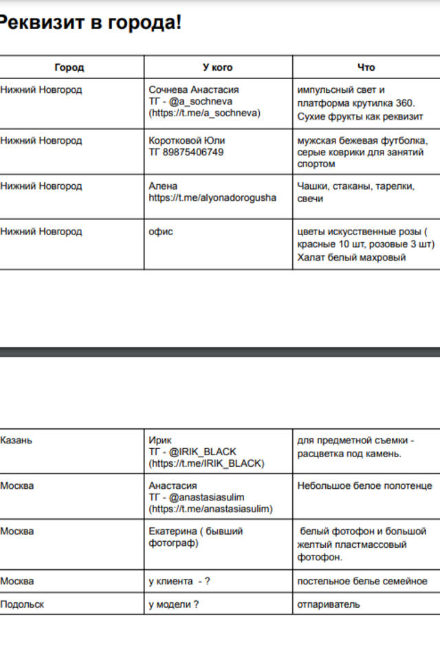 Реквизит для предметной съемки таблица