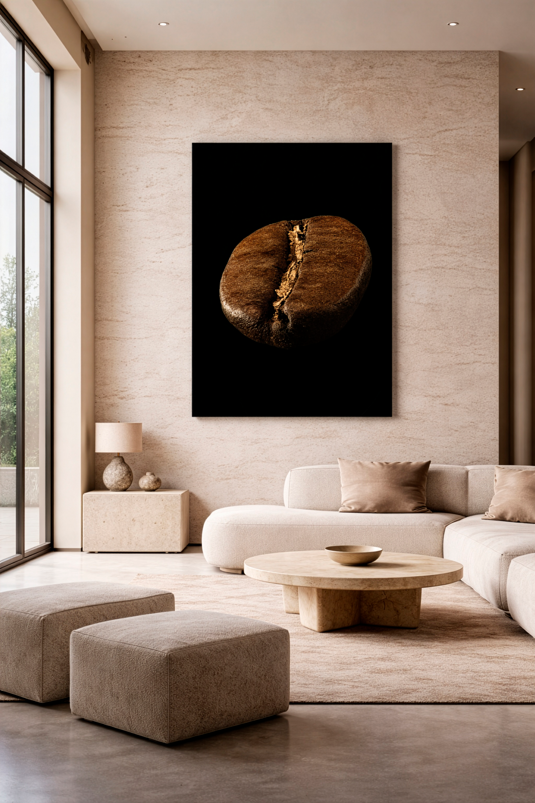 Авторская фотография кофейного зерна на чёрном фоне, оформленная в светлом современном интерьере гостиной без рамки.