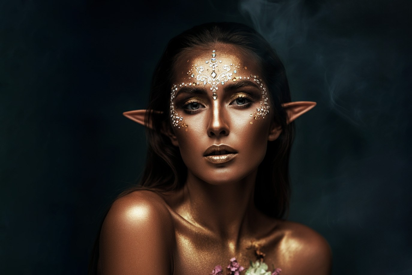 Портрет загорелой девушки с эльфийскими ушками и узорами на лице - фотореалистичное изображение в нейронной сети Visual Electric