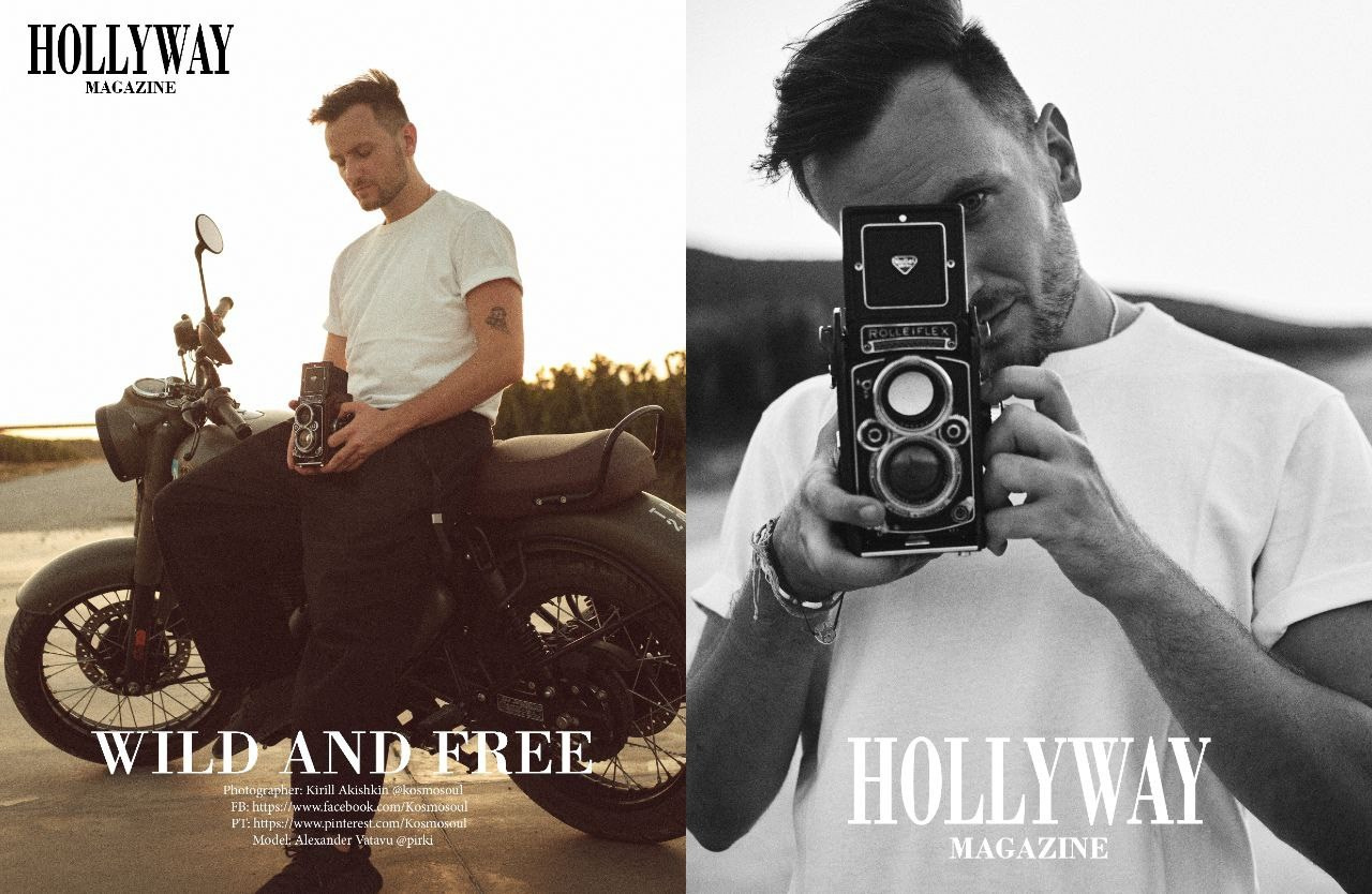 Мужчина на мотоцикле и мужчина с фотоаппаратом