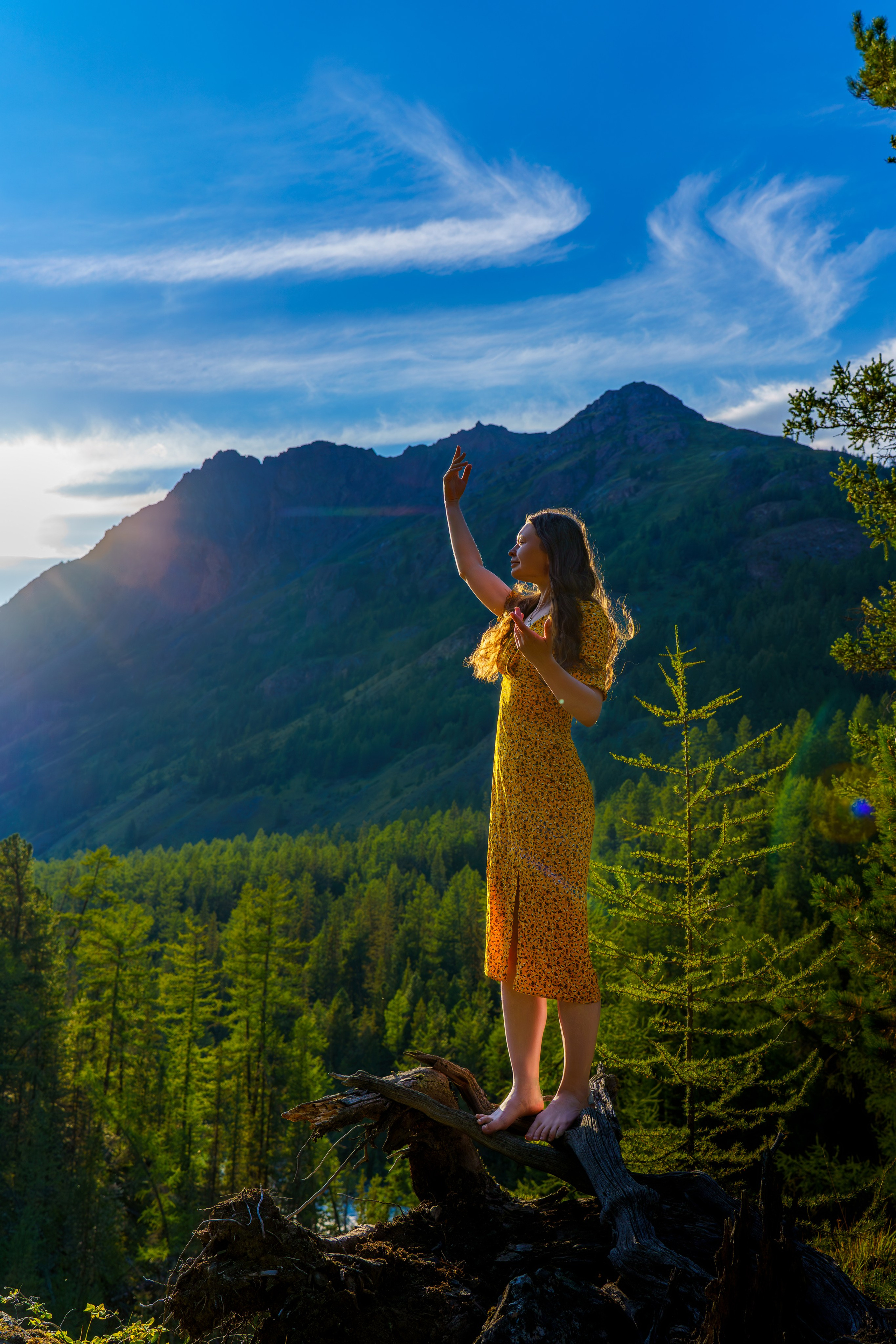 Фотография девушки в желтом платье на фоне горного пейзажа, лес, природа