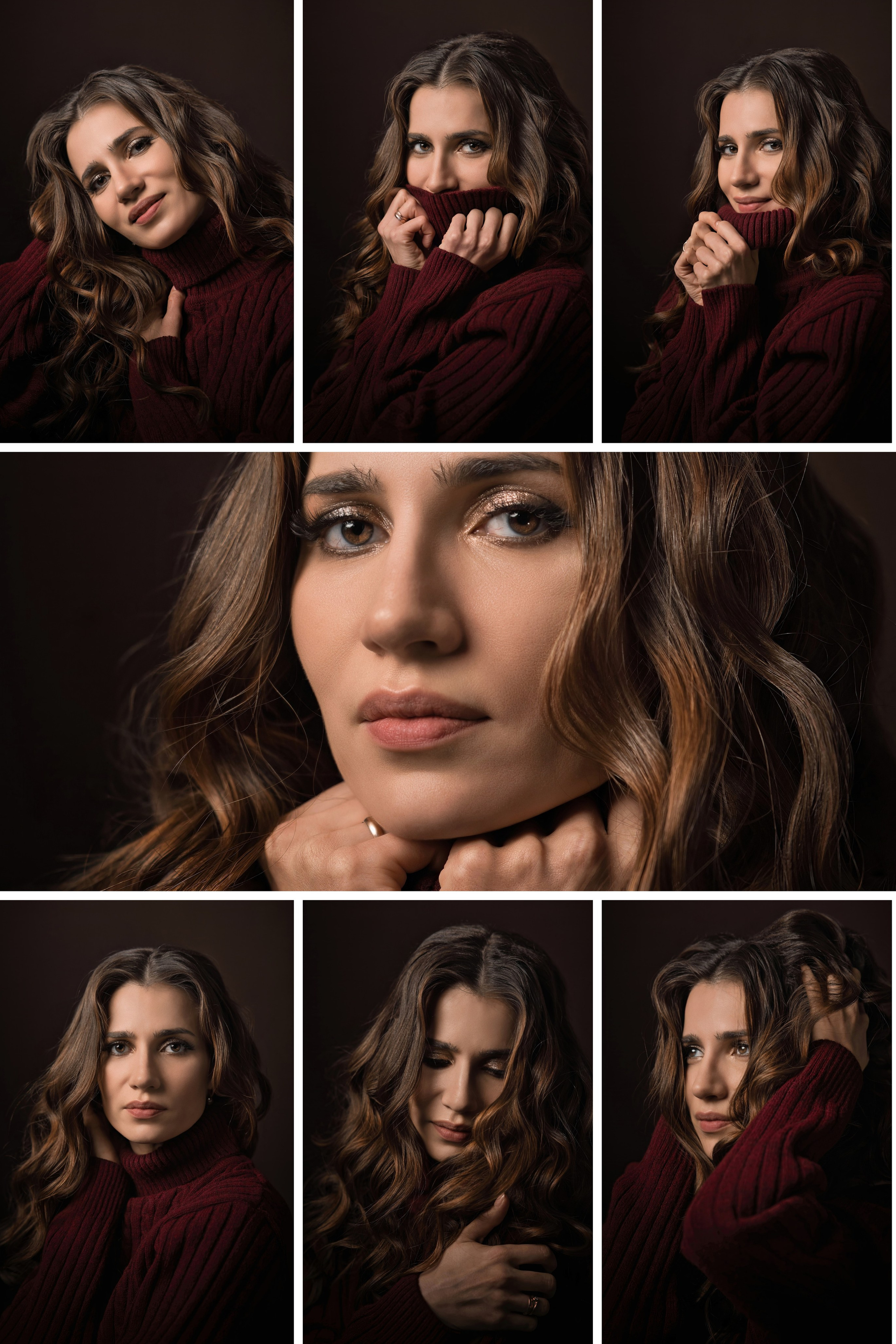 Фотосессия в красном свитере красотки брюнетки