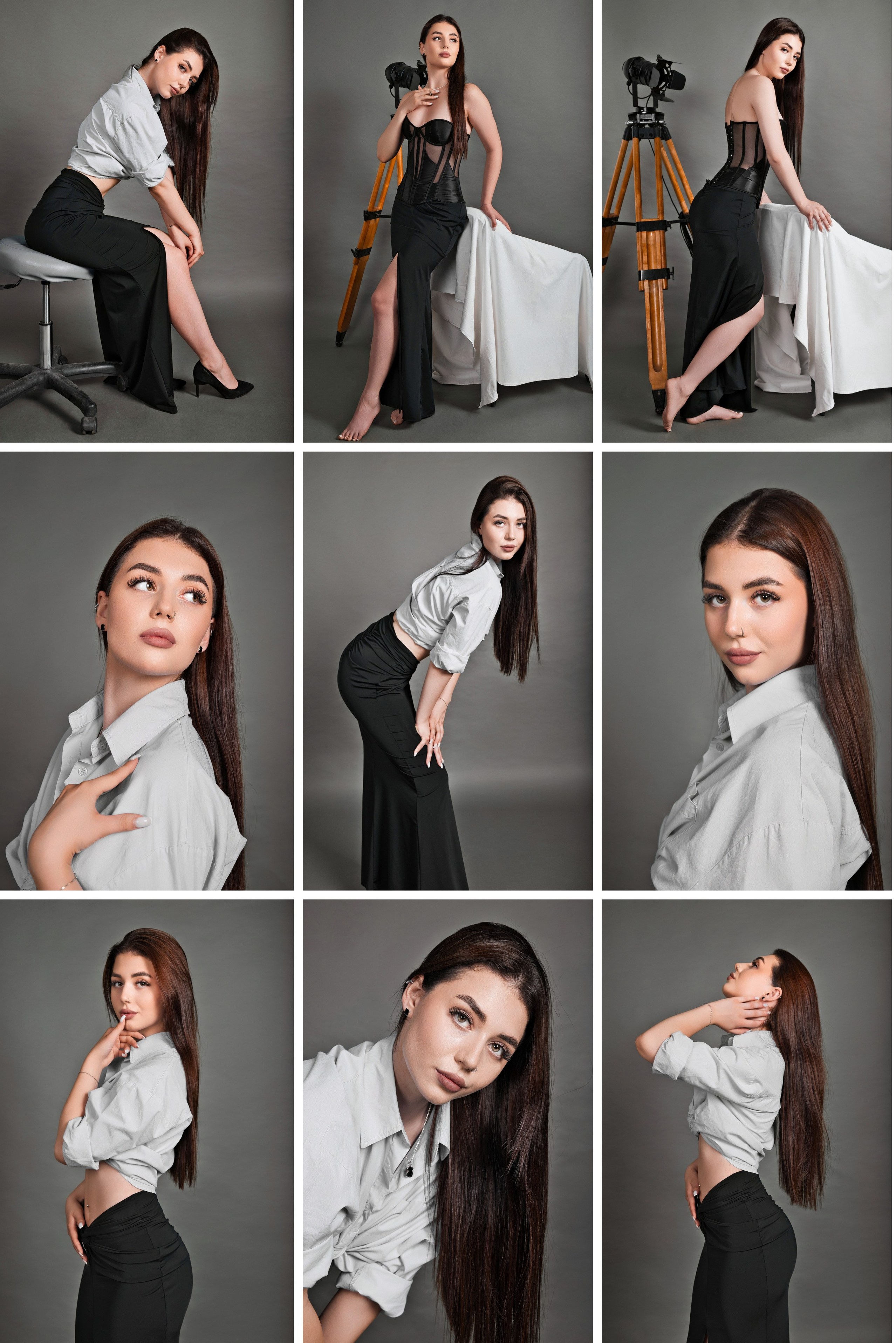 Фотосессия на сером фоне брюнетка