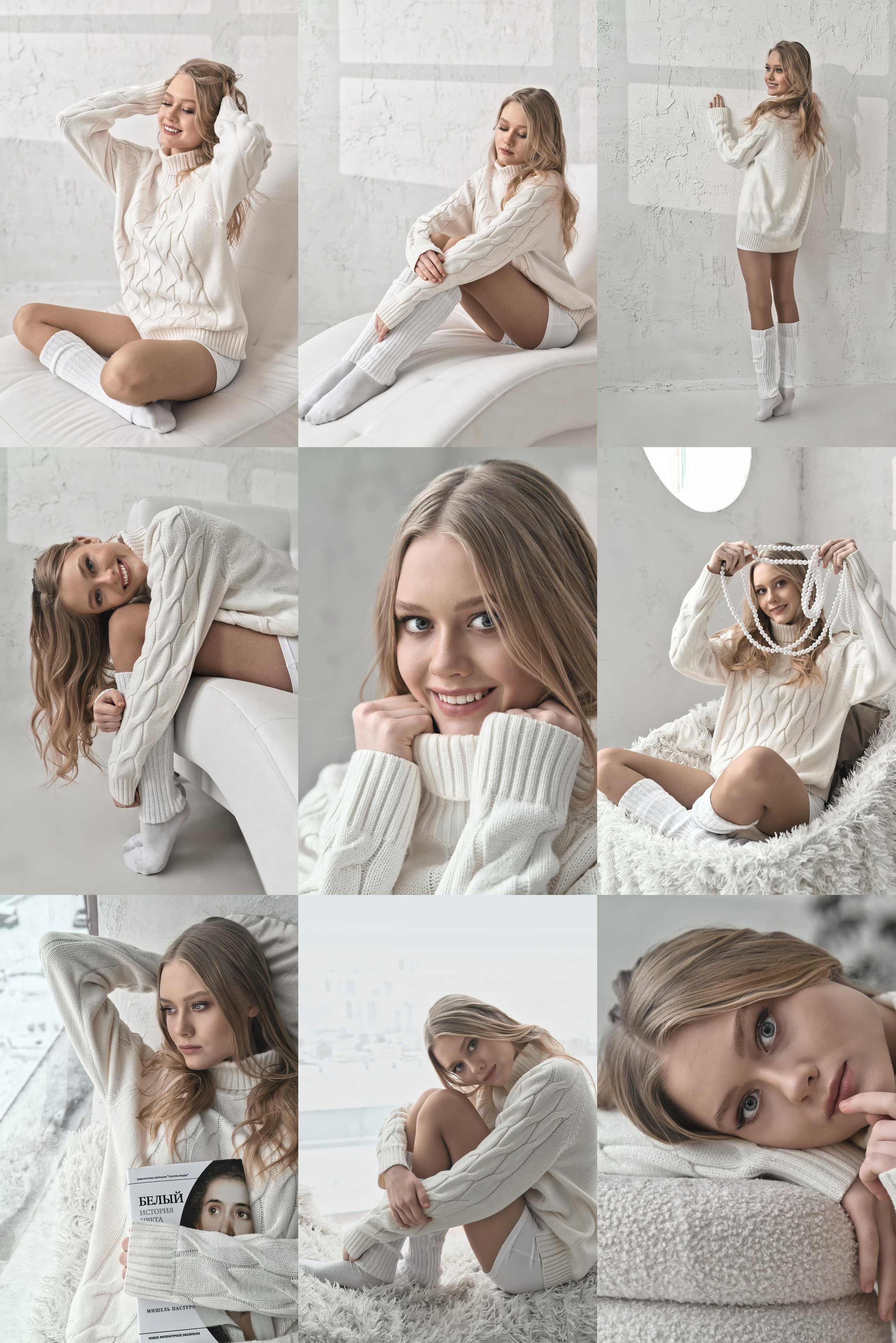 подарок от мамы фотосессия с дневным естественным светом девушка блондинка в белом свитере Мишель Пастуро белый цвет