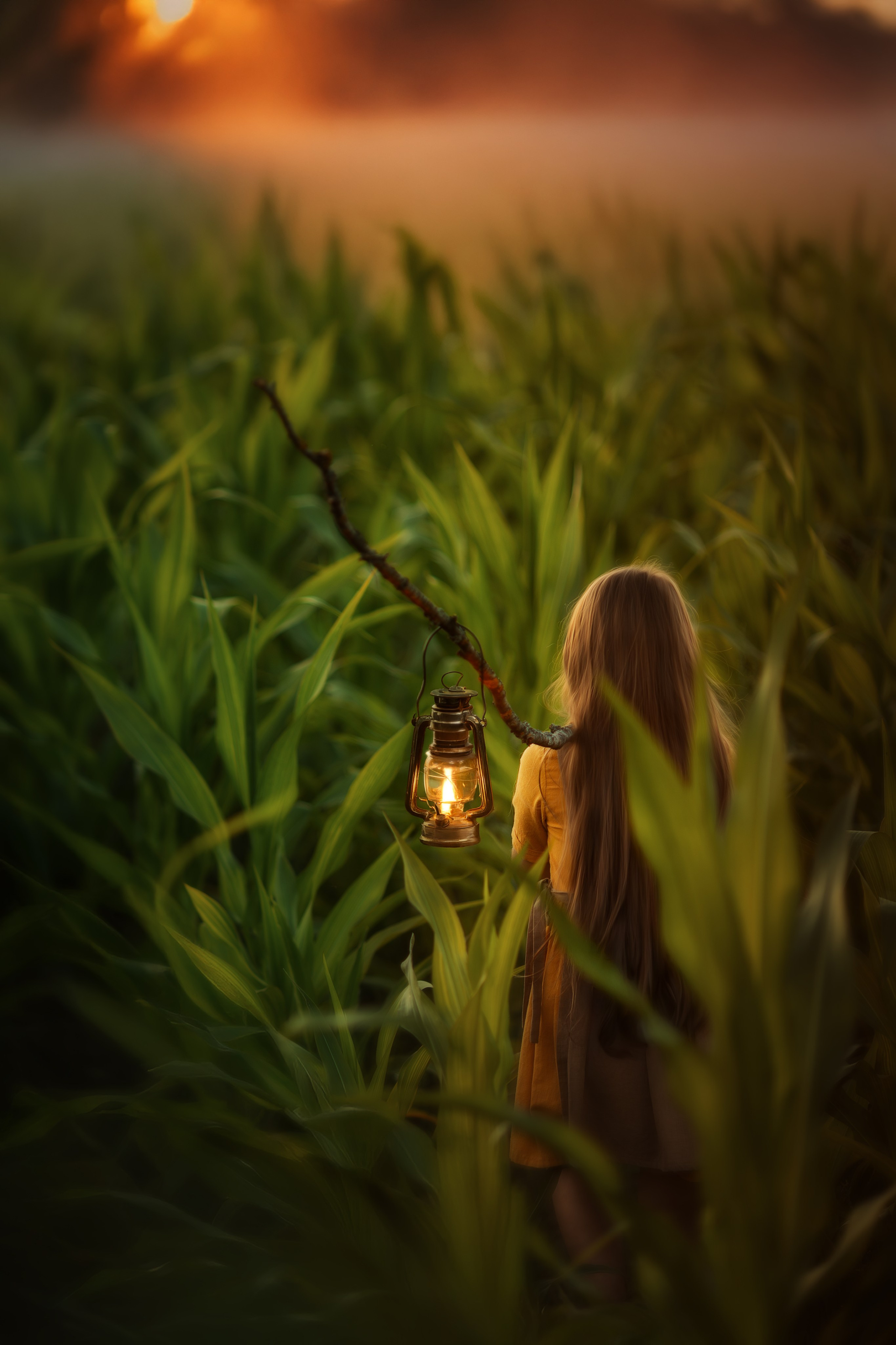 Девочка стоит спиной в в поле кукурузы и держит на палке старинный керосиновый фонарь с тёплым огнём.