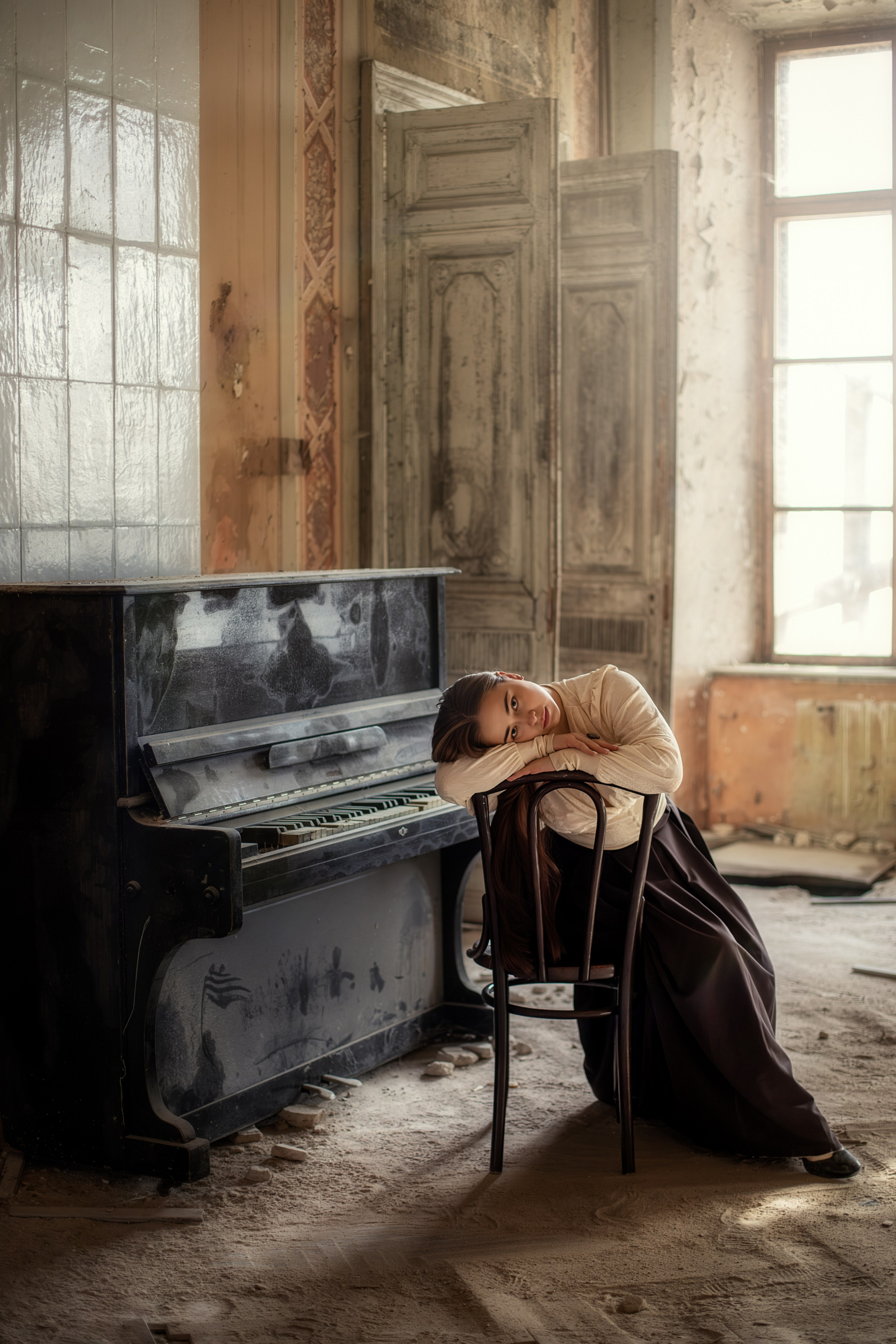 Девушка сидит у старого пианино в заброшенном помещении, опираясь на спинку стула, мягкий свет из окна освещает пыльный интерьер.