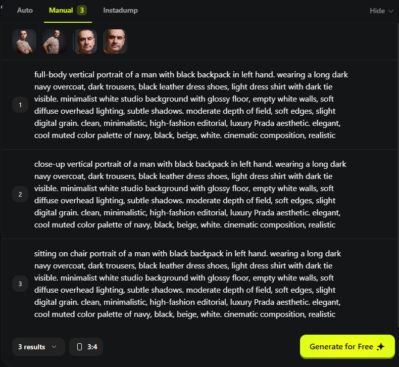Интерфейс Higgsfield.ai для генерации фото с своим лицом: загрузка фотографий и промпт для сцены в режиме Popcorn